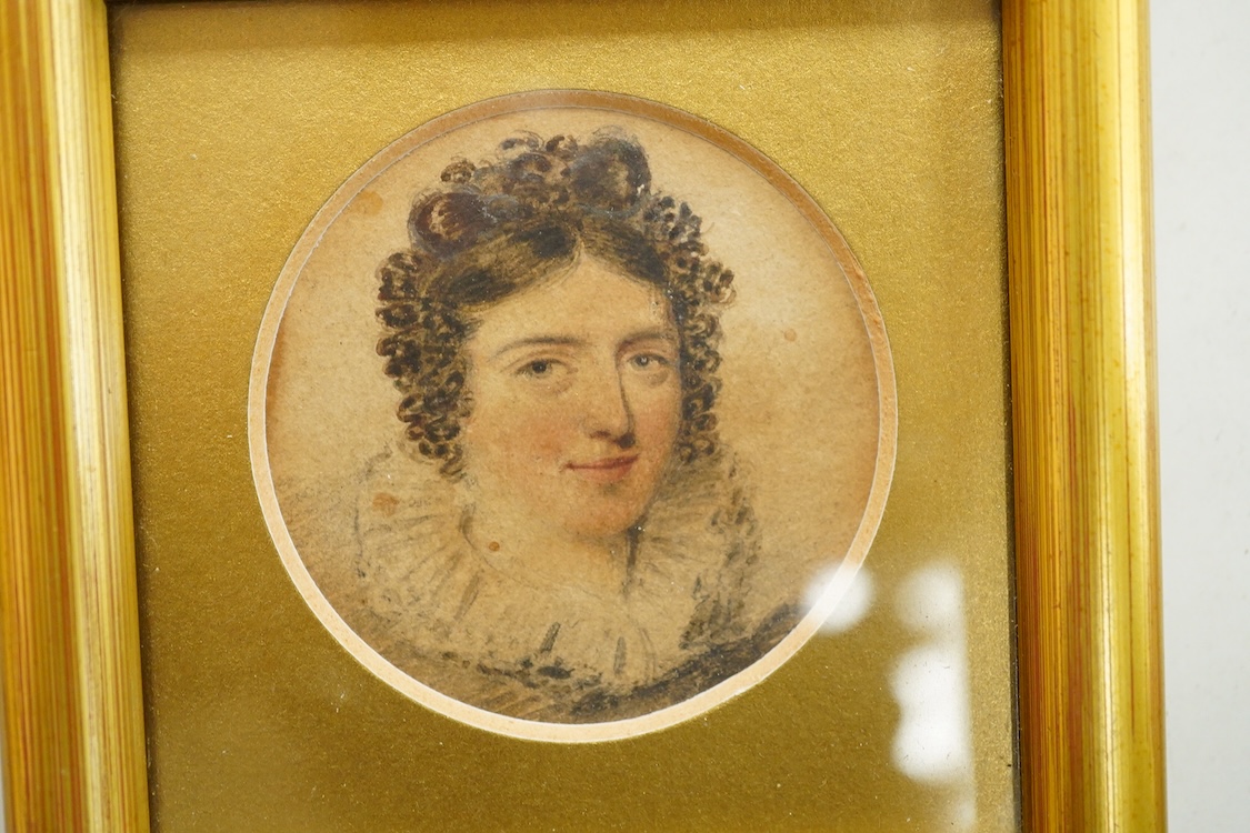 Sundry items and collectables to include a brass snuff box, dated 1881, a brass dog piercer? and a 19th century miniature watercolour portrait of a lady
